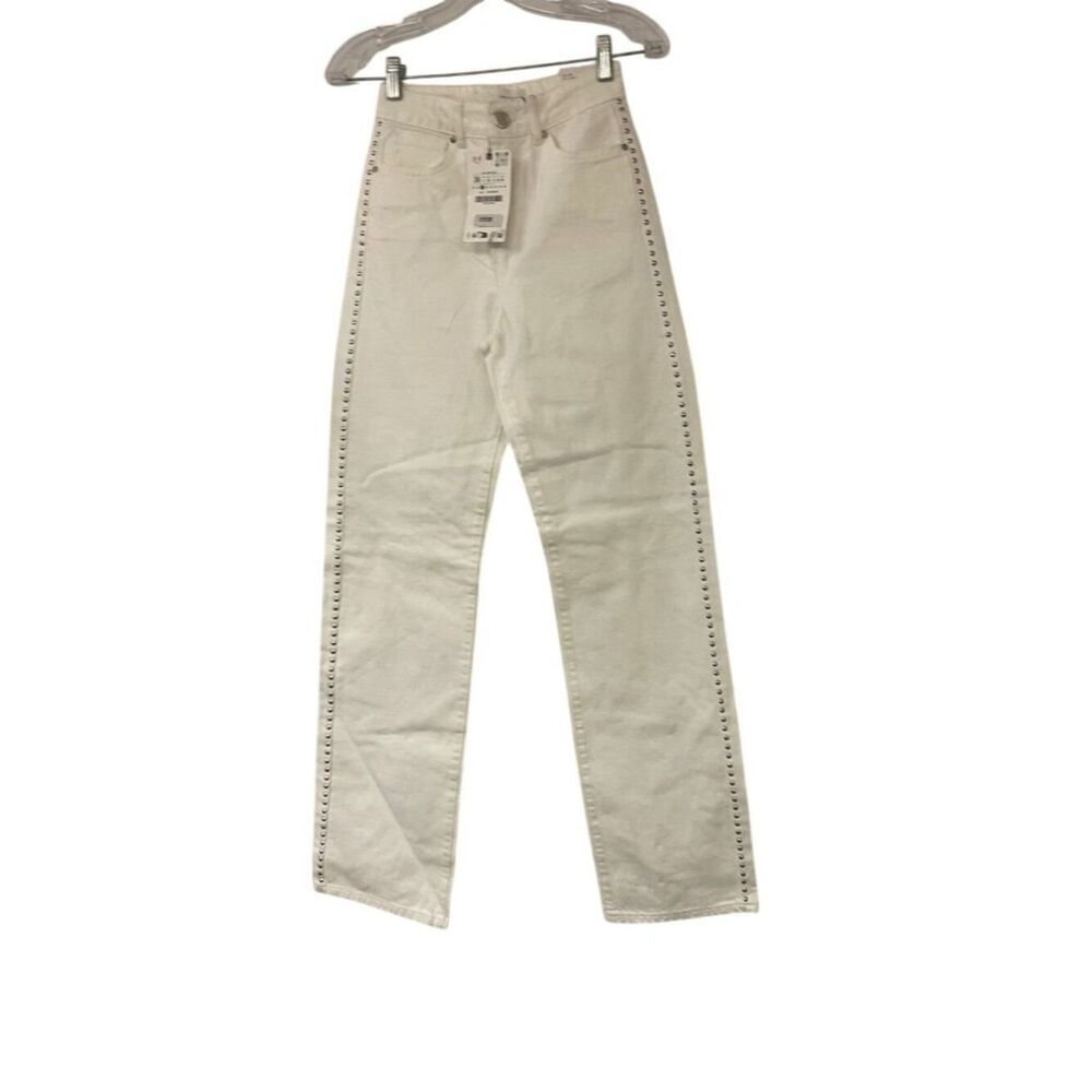 Zara Womens Studded Jeans EU 36 US 4 White Straight Leg Mid Rise 6147/040 NWT